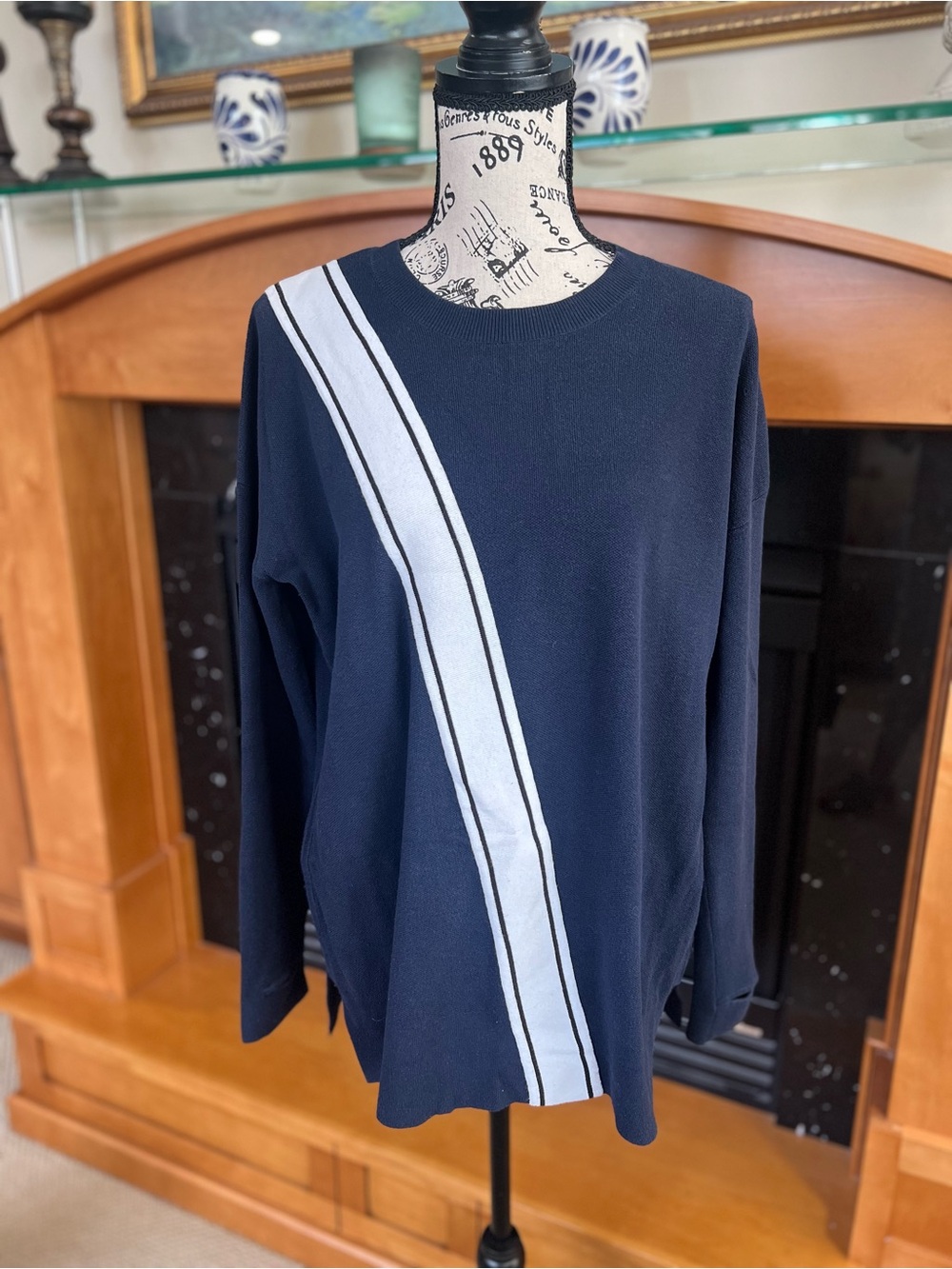 Athleta Navy Crewneck Sweater with White Diagonal Stripe
